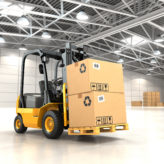 Forklift truck in warehouse or storage loading cardboard boxes. 3d