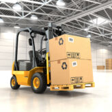 Forklift truck in warehouse or storage loading cardboard boxes. 3d