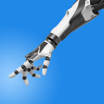 3d rendering of a robotic arm with fingers half-curled and the index finger pointing out. Unexpected help. Assistance from technologies. Robotics intelligence.